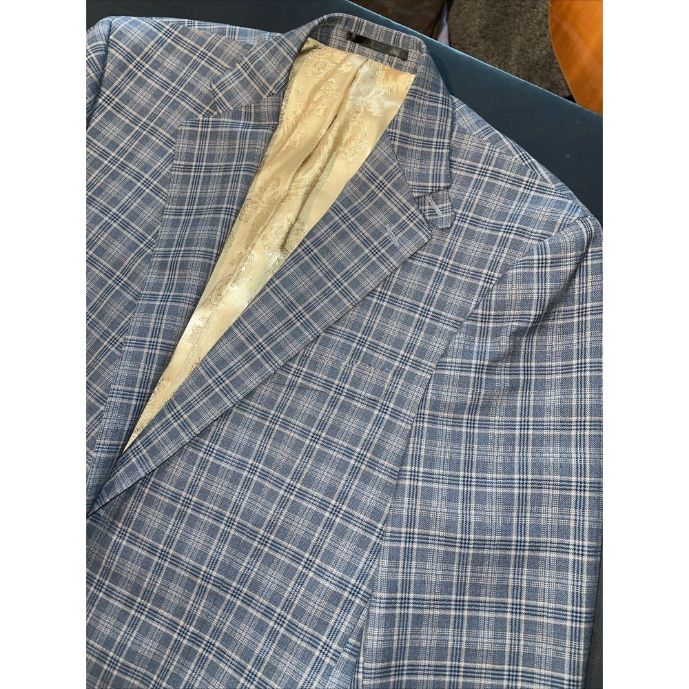 Bucco Couture Blazer Men 40R Slate Blue Gold Windowpane Blazer